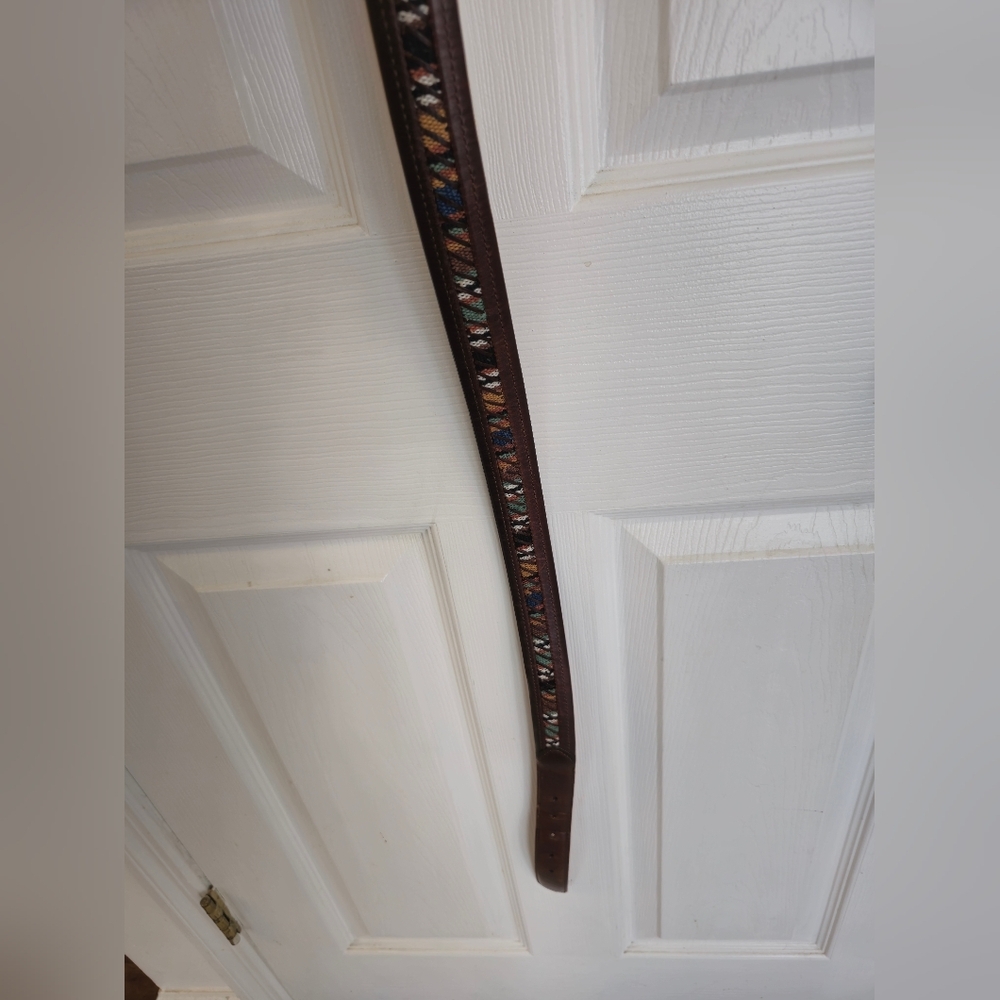 Columbia Men's Brown Leather Belt Multi Color Cotton Woven  Fabric Size 44 - Picture 15 of 17